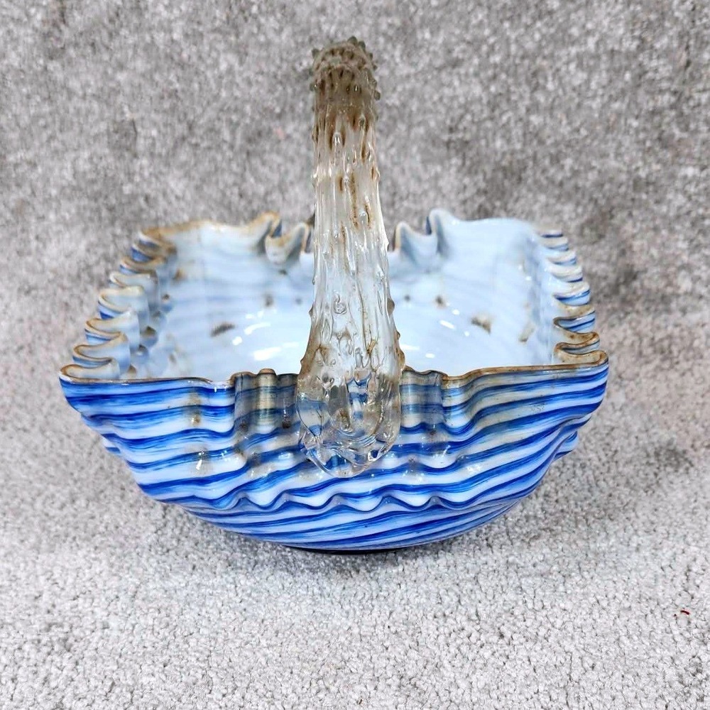 Stevens &‎ Williams Ruffle Art Glass Basket Thorn Handle Royal Blue and White